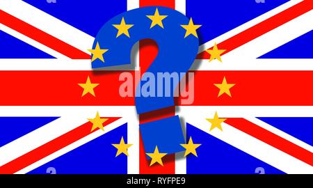 Drapeau britannique avec grand point d'interrogation et de l'UE étoile sur le dessus - concept Brexit - UK et l'Angleterre économie après Brexit Banque D'Images