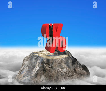Businessman hanging on red sign avec euro pic de montagne sky background cloudscape Banque D'Images