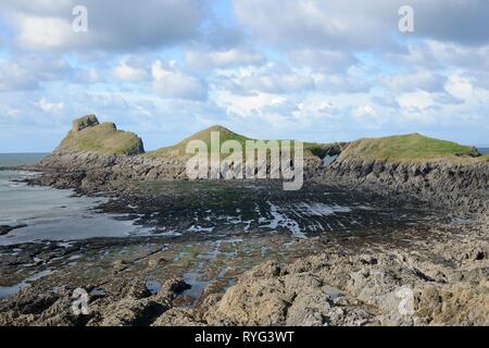 La tête du ver à marée basse vue de l'intérieur, avec la tête de coupe, la plate-forme de l'onde 'Devil's Bridge' rock archway et extérieur, visible de la tête, le Gower Rhossili Banque D'Images