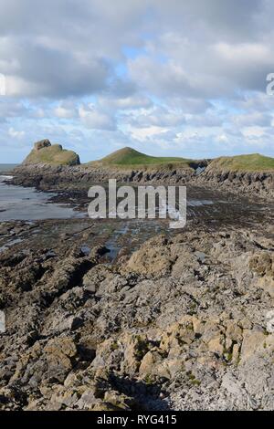 La tête du ver à marée basse vue de l'intérieur, avec la tête de coupe, la plate-forme de l'onde 'Devil's Bridge' rock archway et extérieur, visible de la tête, le Gower Rhossili Banque D'Images