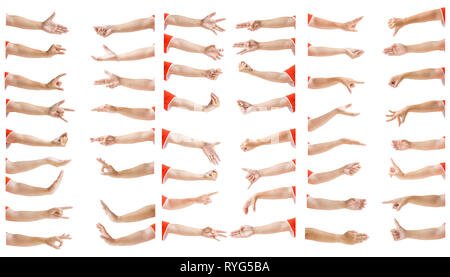 Une série d'images multiples des femmes asiatiques caucasiens isolés des gestes de la main sur fond blanc. Découpe avec soin par l'outil Stylo et : chemin de détourage. Banque D'Images