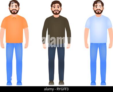 Homme barbu habillé en jeans, T-shirt, sweat et baskets, homme heureux, personnage de cartoon style Illustration de Vecteur