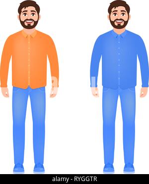 Homme barbu habillé en jeans, chemise et chaussures, homme heureux, personnage de cartoon style Illustration de Vecteur