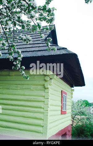 L'architecture traditionnelle de l'Europe centrale. Maison en bois jaune à Vlkolinec. Banque D'Images