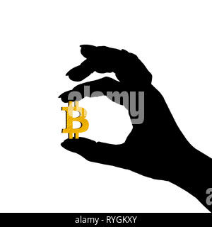 Silhouette de mains tenant le symbole d'or bitcoin isolé sur fond blanc Banque D'Images