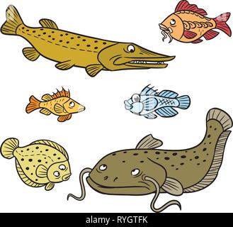 L'illustration montre un groupe de certaines espèces de poissons dans un style de dessin animé. Illustration de Vecteur