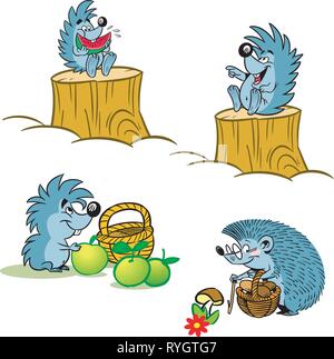 L'illustration montre un peu funny cartoon hedgehogs dans différentes situations. Les illustrations sont faites de manière isolée sur fond blanc, sur la séparation Illustration de Vecteur