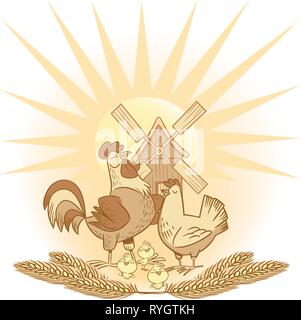 L'illustration montre un groupe de poules et poulets, les épis de blé sur fond de soleil et moulin à vent. Illustration faite sur des calques distincts. Illustration de Vecteur