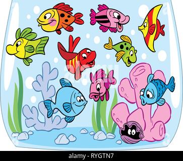 Funny cartoon poissons nagent dans un aquarium. Au bas du crabe, l'algue et la décoration. Illustration faite sur des calques distincts. Illustration de Vecteur