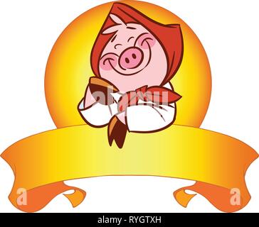L'illustration montre le cute cartoon cochon dans une écharpe rouge. Elle repose sur un ruban décoratif. Illustration faite sur des calques distincts. Illustration de Vecteur