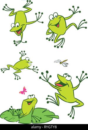 L'illustration montre une caricature de grenouilles dans diverses poses, ainsi que les insectes et les nénuphars. Drôle de grenouille sur un fond blanc, sont sur des Illustration de Vecteur