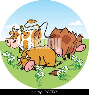 L'illustration montre un troupeau de vaches. Ils se nourrissent d'un pré vert. En fait l'illustration cartoon style. Contexte séparément. Illustration de Vecteur