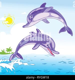 L'illustration montre deux dauphins qui jouent dans la mer. En fait l'illustration cartoon style, et sur des calques distincts. Illustration de Vecteur