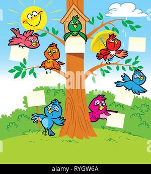 Plusieurs oiseaux funny cartoon assis sur un arbre. Illustration de Vecteur