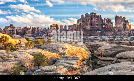 Des conseils pour les aiguilles en Elephant Canyon allumé par le fading sun dans les aiguilles District de Canyonlands National Park. Banque D'Images