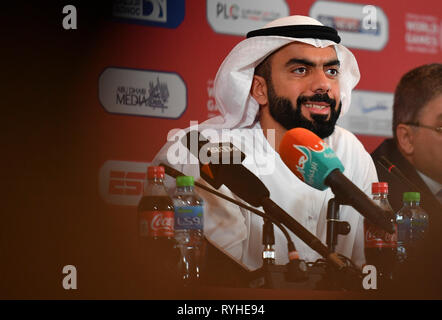 Abu Dhabi, Emirats arabes unis (EAU). Mar 13, 2019. Saif Ghobash, membre du Comité supérieur pour Jeux Olympiques Spéciaux Mondiaux Abu Dhabi 2019, donne un discours lors de la conférence de presse d'ouverture de la Abu Dhabi 2019 Jeux Olympiques Spéciaux Mondiaux à Abu Dhabi, Emirats arabes unis (EAU), le 13 mars 2019. Credit : Xia Yifang/Xinhua/Alamy Live News Banque D'Images