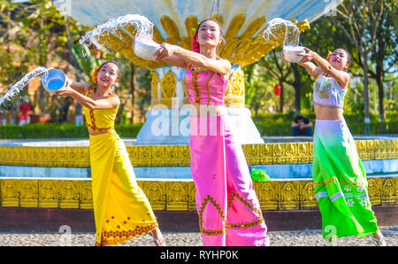 (190313) -- RUILI, 13 mars 2019 (Xinhua) -- les femmes du groupe ethnique Dai effectuer pour les touristes dans un endroit pittoresque de Ruili, sud-ouest de la province chinoise du Yunnan, le 9 mars 2019. Ruili, une ville sur la frontière China-Myanmar, est un important port de terre situé dans le sud-ouest de la Chine. Une célèbre chanson Chinois nommé 'il y a une belle place' décrit la beauté de la ville, avec son paysage naturel unique et colorée de folklore. En 2010, l'hotel a été considéré comme une ouverture nationale zone pilote, ce qui dynamise l'ouverture et facilite la coopération mutuellement bénéfique entre la Chine et le Myanmar. En 2017, le t Banque D'Images