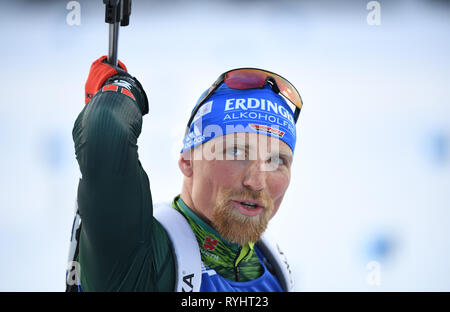 14 mars 2019, la Suède, Stockholm : Biathlon : Championnat du monde, Relais individuel, Mixte. Erik Lesser d'Allemagne avant le départ. Photo : Sven Hoppe/dpa Banque D'Images