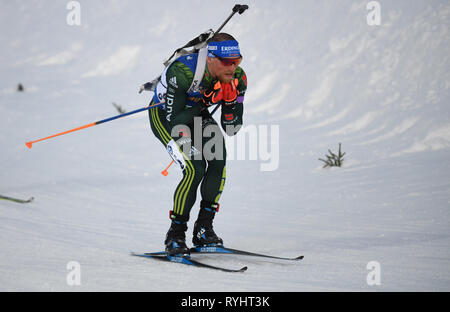 14 mars 2019, la Suède, Stockholm : Biathlon : Championnat du monde, Relais individuel, Mixte. Erik moindre de l'Allemagne dans l'action. Photo : Sven Hoppe/dpa Banque D'Images