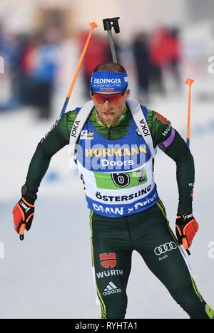 14 mars 2019, la Suède, Stockholm : Biathlon : Championnat du monde, Relais individuel, Mixte. Erik moindre de l'Allemagne dans l'action. Photo : Sven Hoppe/dpa Banque D'Images