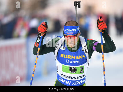 14 mars 2019, la Suède, Stockholm : Biathlon : Championnat du monde, Relais individuel, Mixte. Erik moindre de l'Allemagne dans l'action. Photo : Sven Hoppe/dpa Banque D'Images