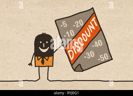 Cartoon noir Businessman avec un rabais annoncer Banque D'Images