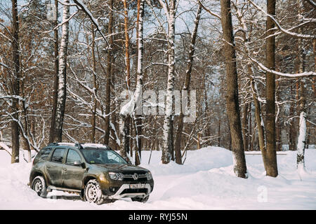 Gomel, Bélarus - 10 janvier 2019 : RENAULT Duster ou Dacia Duster Suv garé dans la forêt enneigée. Duster produit conjointement par fabricant français de Renault un Banque D'Images