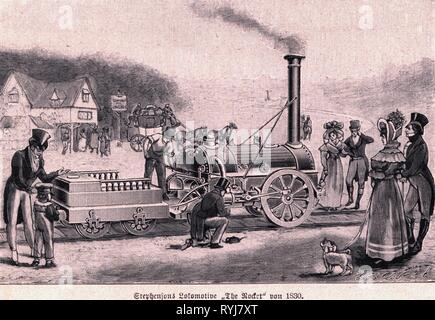 Transport / Transport, chemin de fer, locomotives, vapeur 231 'Rocket', Robert Stephenson and Company, 1829, gravure sur bois, fin du xixe siècle, Additional-Rights Clearance-Info-Not-Available- Banque D'Images