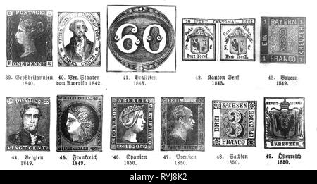 La poste, timbres-poste, la plus ancienne du monde, stampss fin du 19e siècle, Grande Bretagne 1840, USA 1842, l'Empire du Brésil, Canton de Genève 1843, royaume de Bavière 1849, Royaume de Belgique 1849, République de France, 1849, Royaume d'Espagne 1850, royaume de Prusse 1850, Royaume de Saxe 1850, l'Autriche, l'Empire autrichien 1850, l'Allemagne, la Suisse, la philatélie, l'Europe, l'Amérique, portrait, people, mail, courrier, plus vieux, plus vieux, timbres-poste, timbres-poste, monde, mondes, historique, historique, Additional-Rights Clearance-Info-Not-Available- Banque D'Images