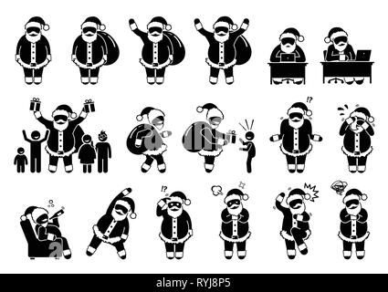 Santa Claus postures de base et les sentiments des pictogrammes. Stick figure illustrent diverses poses et les émotions du Père Noël à Noël. Aussi les icônes : Illustration de Vecteur