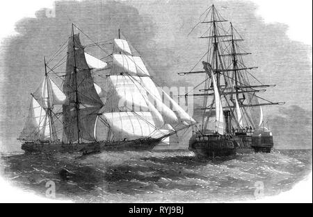 Transports / transport, la navigation, les navires de guerre, le bateau à vapeur britannique HMS Pluton de la capture d'un navire d'esclaves à la côte africaine, 30.11.1860, gravure sur bois, 'l'Illustrated London News', 1860, la Marine royale, l'homme de guerre, navire à vapeur, vapeur, Sailer, voiliers, bateau à voile, les bateaux à voile, bateaux, navire de combat, de la traite négrière, l'esclavage, Afrique, Grande-Bretagne, Royaume-Uni, mer, Mer, Océan Atlantique, Atlantic, capture, militaire, forces armées, forces navales, 19e siècle, les transports, les transports, navire de guerre, navires à vapeur, à aubes,, Additional-Rights Clearance-Info-Not-Available- Banque D'Images