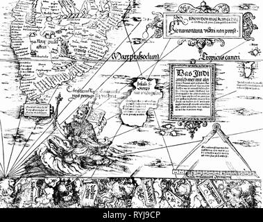 La cartographie, cartes, Afrique du Sud et Madagascar, Carta Marina Navigatoria Portugallensis', détail, woodcut, Allemagne, 1525, Additional-Rights Clearance-Info-Not-Available- Banque D'Images