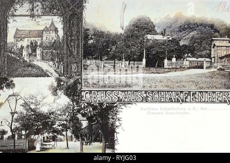 Restaurants dans Landkreis Meißen, Multi-vues de cartes postales, Schloss Scharfenberg, jardins à bière en Saxe, 1898, Landkreis Meißen, Scharfenberg, Hotel, Allemagne Banque D'Images