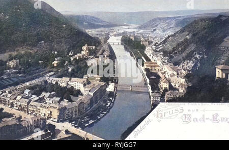 Des ponts à Bad Ems, Lahn à Bad Ems, bâtiments à Bad Ems, Allemagne, 1898, Couleur, Rhénanie-Palatinat, Bad Ems, total Banque D'Images