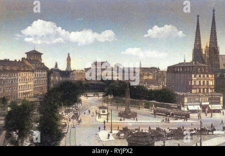 Calèches en Allemagne, des tramways à Dresde, les chevaux de la Saxe, Dresde, Postplatz, Sophienkirche (Dresde), le Zwinger, Ehemaliges Heizkraftwerk Dresde, Altstadt, Cholerabrunnen, 1911, mit und Pferdekutschen Straßenbahnen Postplatz Banque D'Images