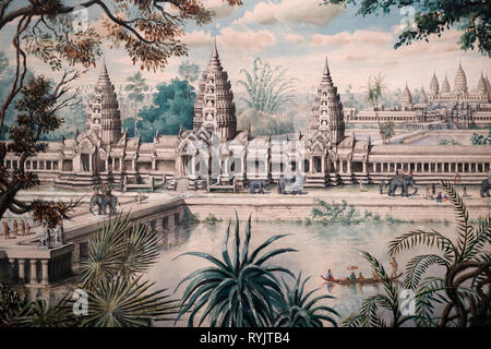 Musée des Civilisations Asiatiques. Angkor. Explorer la ville sacrée du Cambodge. Vue d'Angkor Wat. Imprimer bsed sur un dessin de Jacques Guiaud après un skech par Banque D'Images