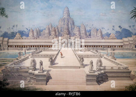 Musée des Civilisations Asiatiques. Angkor. Explorer la ville sacrée du Cambodge. Vue de la façade orientale du Bayon par Louis Delaporte et Henri Deverin. Banque D'Images