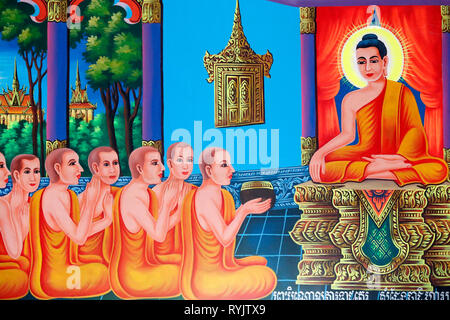 La vie de Bouddha, Siddharta Gautama. Bouddha avec ses disciples, l'enseignement. Soc Po Lok temple bouddhiste. Chau Doc. le Vietnam. Banque D'Images