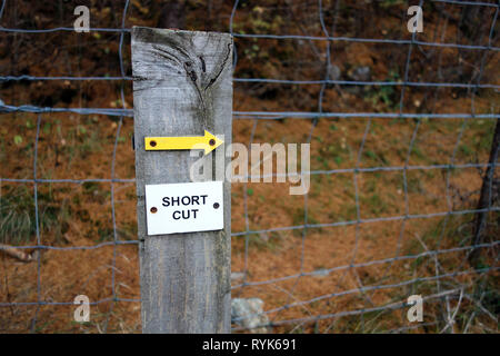 Flèche jaune pointant vers une coupe courte près de Gilbert's Bridge dans Glen Tilt sur la Route de la montagne écossais Beinn Corbett Mheadhonach dans le Perthshire. Banque D'Images