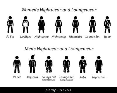 Les hommes et femmes de vêtements de nuit et loungewear fashion designs. Stick figures illustrent différents types de vêtements de nuit, pyjamas, et les vêtements qui s'usent à la maison ou h Illustration de Vecteur