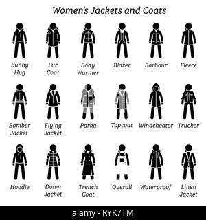 Les femmes vestes et manteaux. Stick figure illustre un ensemble de pictogrammes différents type de vestes et manteaux. Cette mode modèles de vêtements sont porter par femme, Illustration de Vecteur