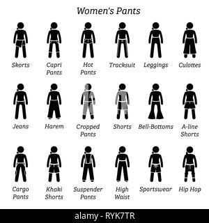 Les femmes pantalons, pantalons, shorts et. Stick figures illustrent un ensemble de différents fonds, pantalons, pantalons, shorts et. Cette mode modèles de vêtements sont wea Illustration de Vecteur