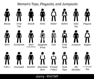 Les femmes tops, combinaions, et des combinaisons. Stick figures illustrent un ensemble de différents type de tops, t-shirts, chemises, combinaions, et des combinaisons. Cette façon cl Illustration de Vecteur