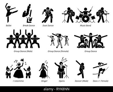 Artiste de scène pour les artistes de musique, de danse, et de théâtre. Les pictogrammes illustre ballet, danseurs, groupe de musique, pantomime, et chanteurs. Illustration de Vecteur