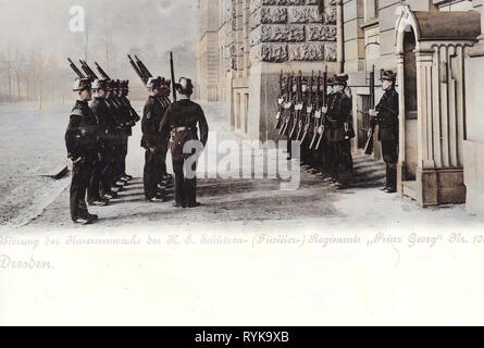 Relève de la garde, Schützen-(Füsilier-)Regiment Prinz Georg (Königlich Saxon) n° 108, Schützen-Kaserne, 1899, Dresde, Ablösung vor der Wache Schützenkaserne, Allemagne Banque D'Images