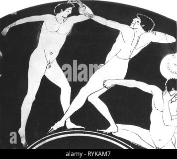 Sports, pankration, deux combats pankratiasts, red-figuré peinture, kylix de Vulci, 490 - 480 avant J.-C., grèce, grec, Grecian, Etruria, athlète, athlètes, lutte, combat, concours, concours, boxe, lutte, pugilat bagarre, fist fights, gens, hommes, homme, homme, viril, antiquité, antiquité, 5e siècle avant J.-C., arbitre, ref, arbitres, l'art de la peinture, historique, historique, pleine longueur, pleine longueur, auteur de l'artiste n'a pas à être effacée Banque D'Images