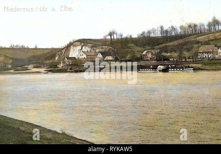 Elbe dans la Saxe, l'Autriche (1893), navire, bâtiments en Landkreis Meißen, 1912, Landkreis Meißen, Niedermuschütz, Elbe mit Dampfer Autriche, Allemagne Banque D'Images