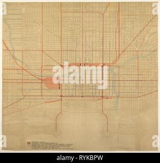 80 Plaque du Plan de Chicago, 1909 : Chicago. Diagramme du centre-ville, montrant l'arrangement proposé d'Railroad les gares de voyageurs, le système de traction complète, y compris le transport en commun rapide, métro, et des routes, et le circuit d'une ligne de métro. Hudson Daniel Burnham, American, 1846-1912 ; Edward Herbert Bennett, Américain, né en Angleterre, en 1874-1954. Date : 1909. Dimensions : 104,8 x 107 cm (41 1/4 x 42 in.). Encre de couleur et de la peinture sur une carte imprimée. Origine : Chicago. Musée : le Chicago Art Institute, Chicago, USA. Banque D'Images