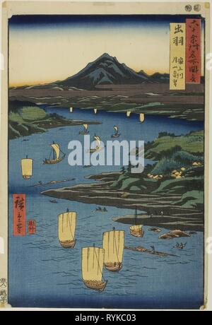 La province de Dewa : Mogami River et une vue lointaine du Mont Gassan (Dewa, Mogamigawa, Gassan enbo), de la série 'lieux célèbres dans la soixante et quelques provinces (Rokujuyoshu meisho zue)'. Utagawa Hiroshige ? ?  ? ? ; Japonais, 1797-1858. Date : 1853. Dimensions : . Gravure sur bois en couleur ; Oban. Origine : Japon. Musée : le Chicago Art Institute, Chicago, USA. Banque D'Images