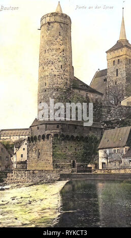 La Spree à Bautzen, images historiques de l'Alte Wasserkunst, images historiques de Michaeliskirche (Bautzen), 1915, Landkreis Bautzen, Bautzen, Partie an der Spree, Allemagne Banque D'Images